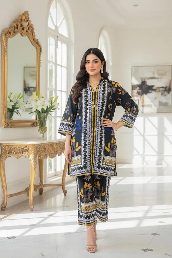 2 Pcs Women's Stitched Linen Printed Shirt And Trouser