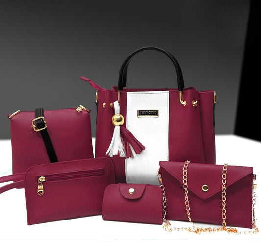 Maroon PU Leather 5-Piece Girl's Handbag Set