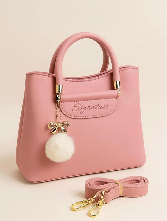 Pink Girls Leather Shoulder Bag with Pom Pom Charm