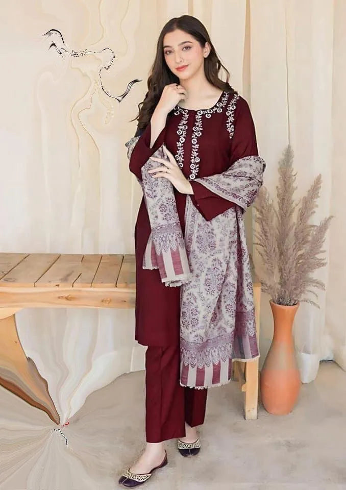 3 Pcs Women's Stitched Cotton Sequins Embroidered Suit