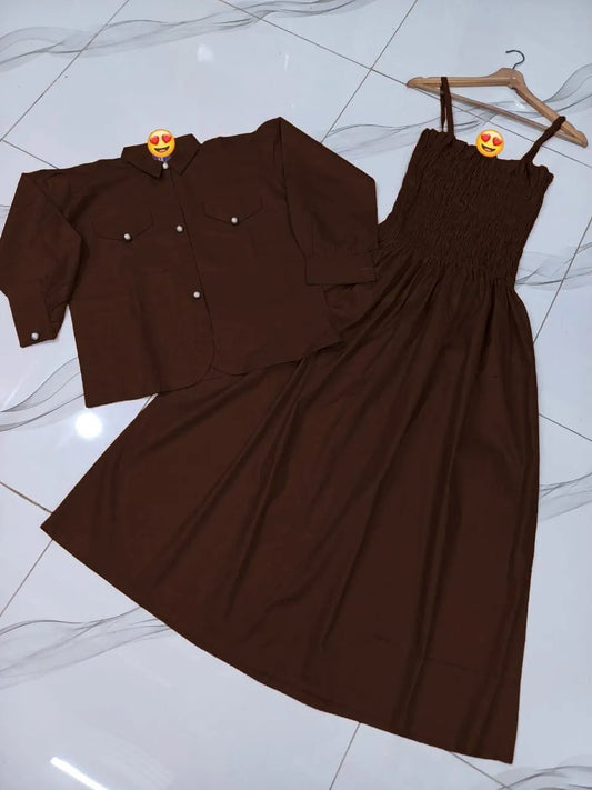 Brown Linen 2Pcs Women's Dress Set 5.0