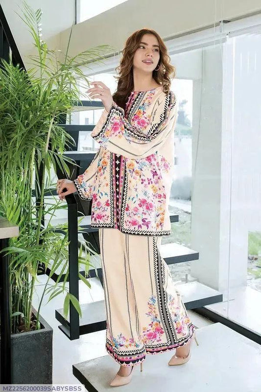 2 Pcs Women's Stitched Linen Printed Shirt And Trouser