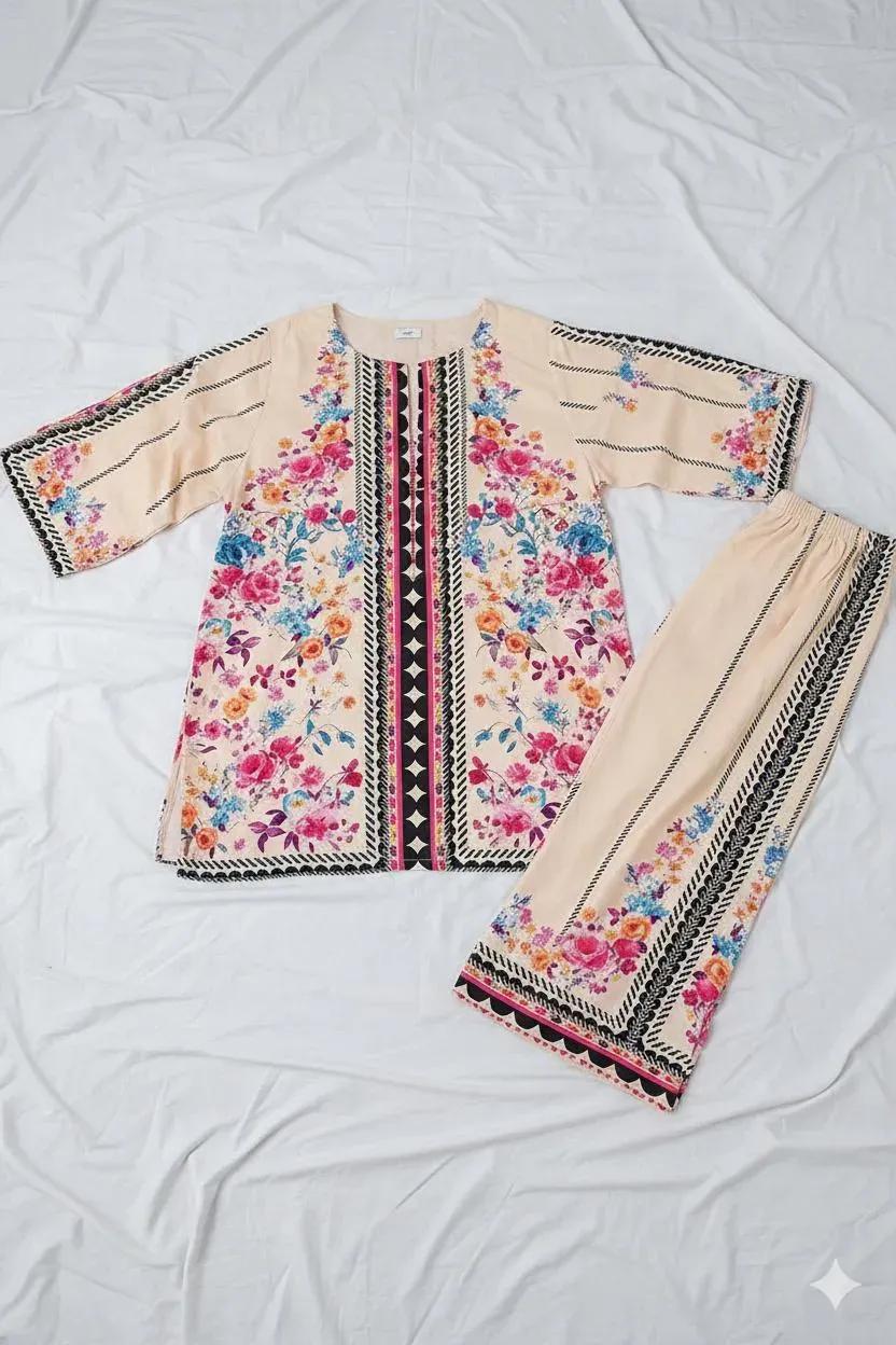 2 Pcs Women's Stitched Linen Printed Shirt And Trouser