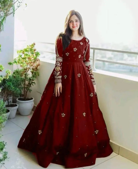 2 Pcs Women Chiffon Maxi Dress with Trouser – Sequence Boti & Zarri Embroidery Party Wear